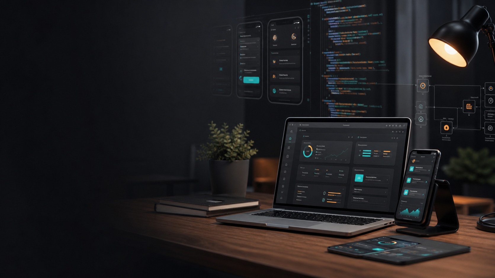 Workspace software engineer dengan dashboard web dan mobile app