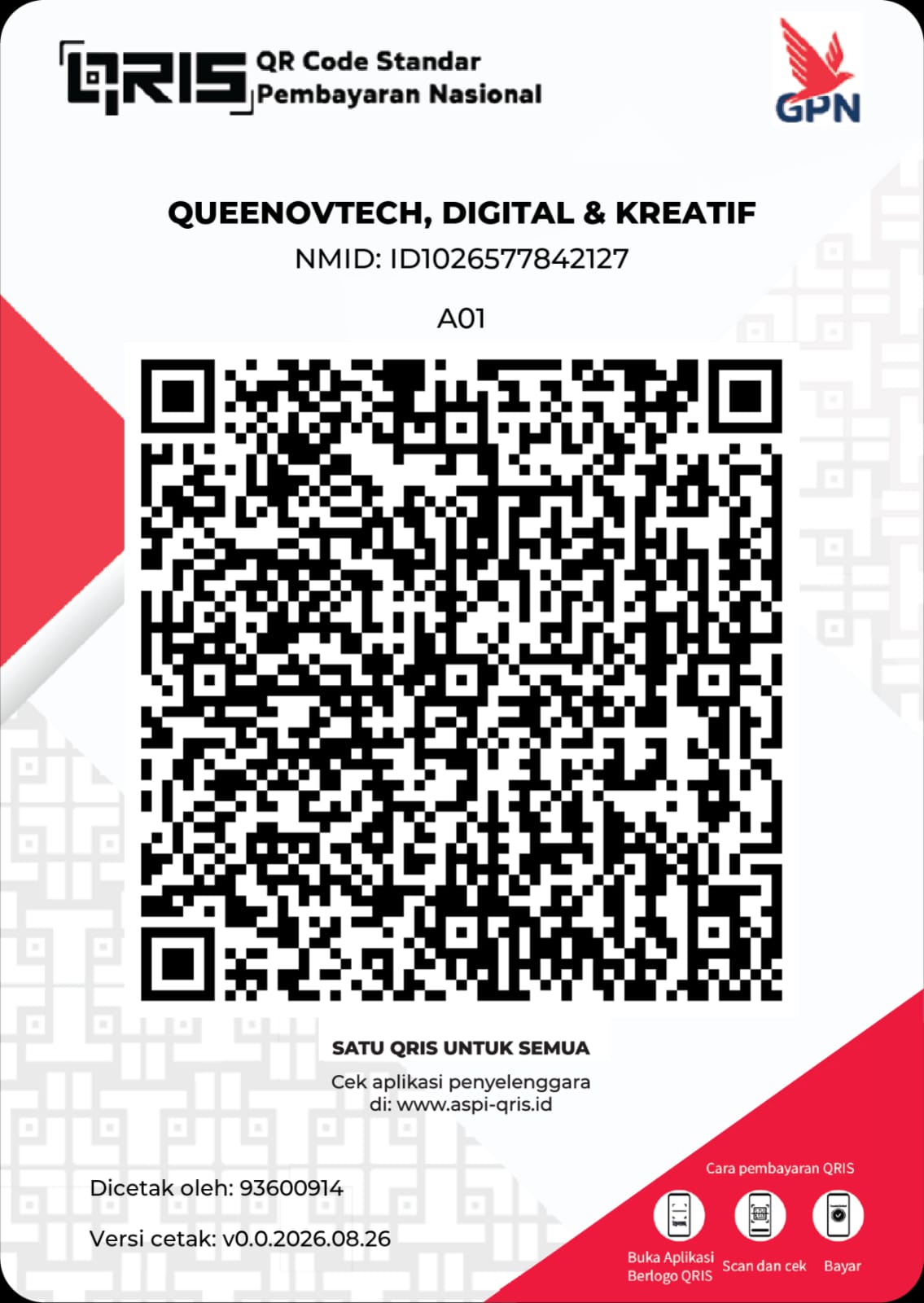 QRIS resmi Queenovtech untuk memberikan donasi kepada Dandy Andrian